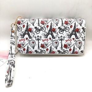 Blush Kiss Glitter Paris Eiffel Tower Floral Air Balloon Print Wristlet Wallet